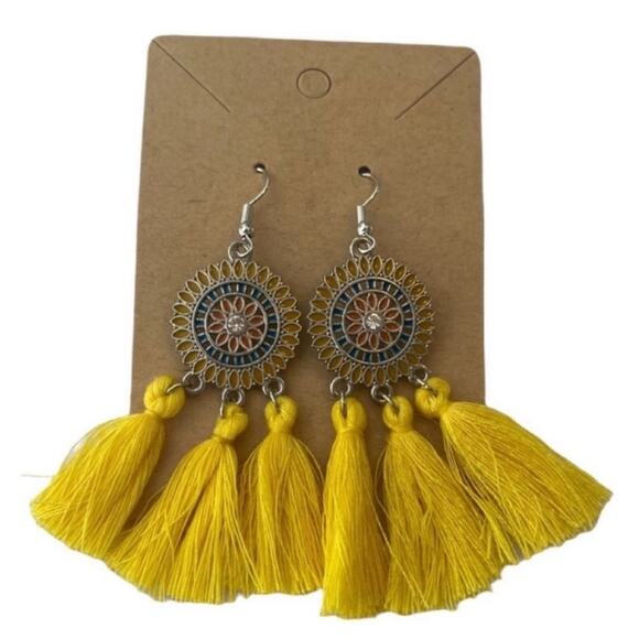 Yellow Round Tassel Drop Earrings - Picture 3 of 3